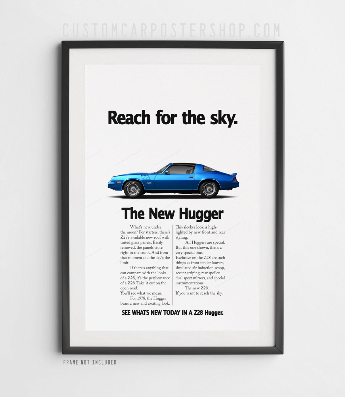 Chevrolet Camaro Z28 (1979) remastered print ad “Reach for the Sky” in Blue, side-profile illustration, shown in a black frame mock-up.