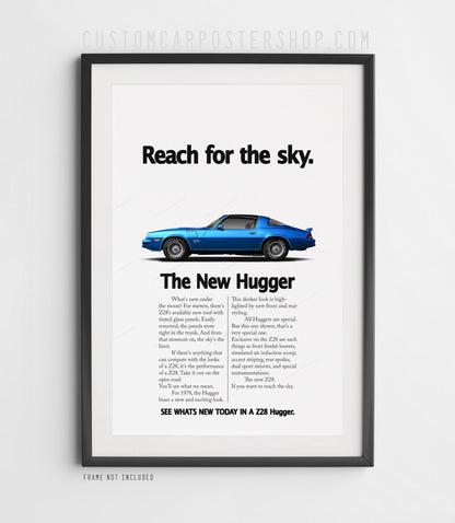 Chevrolet Camaro Z28 (1979) remastered print ad “Reach for the Sky” in Blue, side-profile illustration, shown in a black frame mock-up.