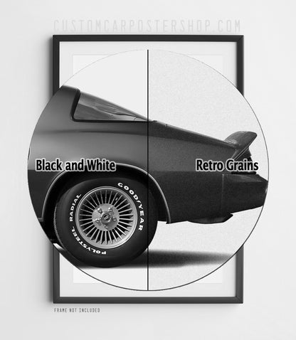 Chevrolet Camaro Z28 (1979) remastered print ad “Reach for the Sky” in Black and White, side-profile illustration, shown in a black frame mock-up.