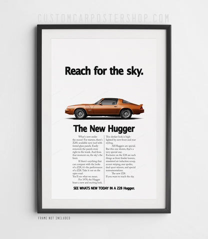 Chevrolet Camaro Z28 (1979) remastered print ad “Reach for the Sky” in Bronze, side-profile illustration, shown in a black frame mock-up.