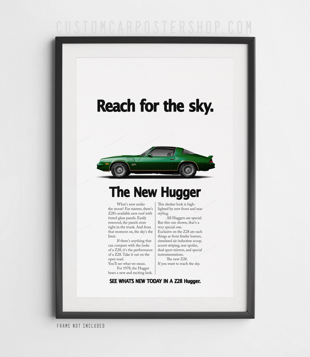 Chevrolet Camaro Z28 (1979) remastered print ad “Reach for the Sky” in Green, side-profile illustration, shown in a black frame mock-up.