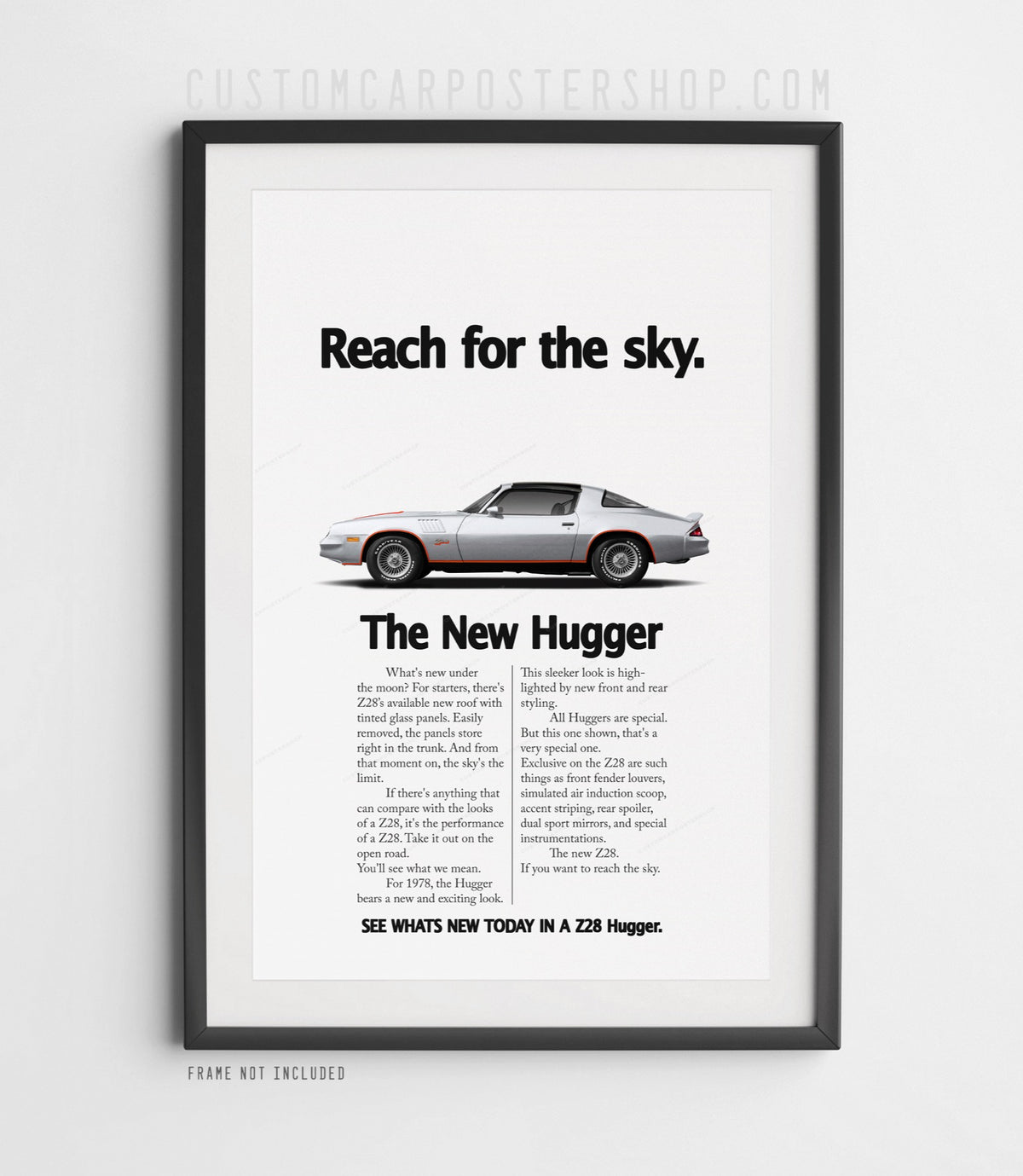 Chevrolet Camaro Z28 (1979) remastered print ad “Reach for the Sky” in Silver, side-profile illustration, shown in a black frame mock-up.