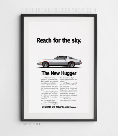 Chevrolet Camaro Z28 (1979) remastered print ad “Reach for the Sky” in Silver, side-profile illustration, shown in a black frame mock-up.