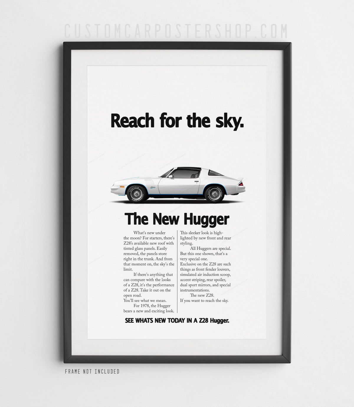 Chevrolet Camaro Z28 (1979) remastered print ad “Reach for the Sky” in White, side-profile illustration, shown in a black frame mock-up.