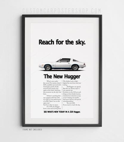 Chevrolet Camaro Z28 (1979) remastered print ad “Reach for the Sky” in White, side-profile illustration, shown in a black frame mock-up.