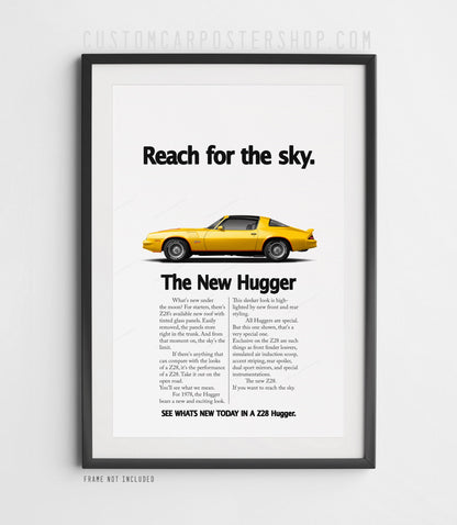 Chevrolet Camaro Z28 (1979) remastered print ad “Reach for the Sky” in Yellow, side-profile illustration, shown in a black frame mock-up.