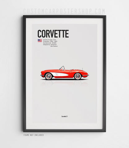 Red Corvette C1 Poster in Black Frame