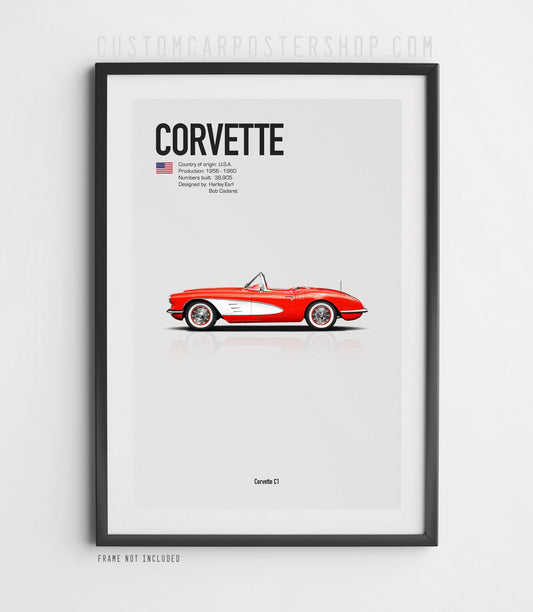 Red Corvette C1 Poster in Black Frame