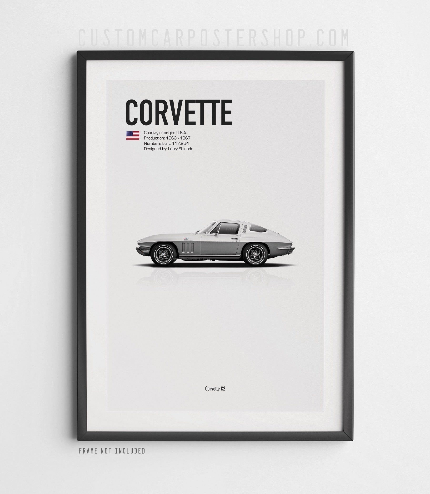 Silver Chevrolet Corvette C2 Poster in Black Frame