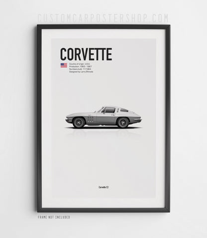 Silver Chevrolet Corvette C2 Poster in Black Frame