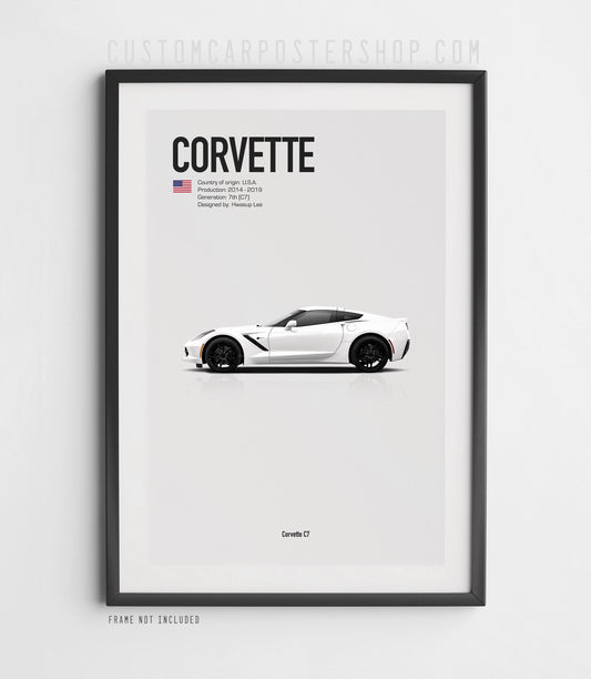 White Corvette C7 poster framed in black