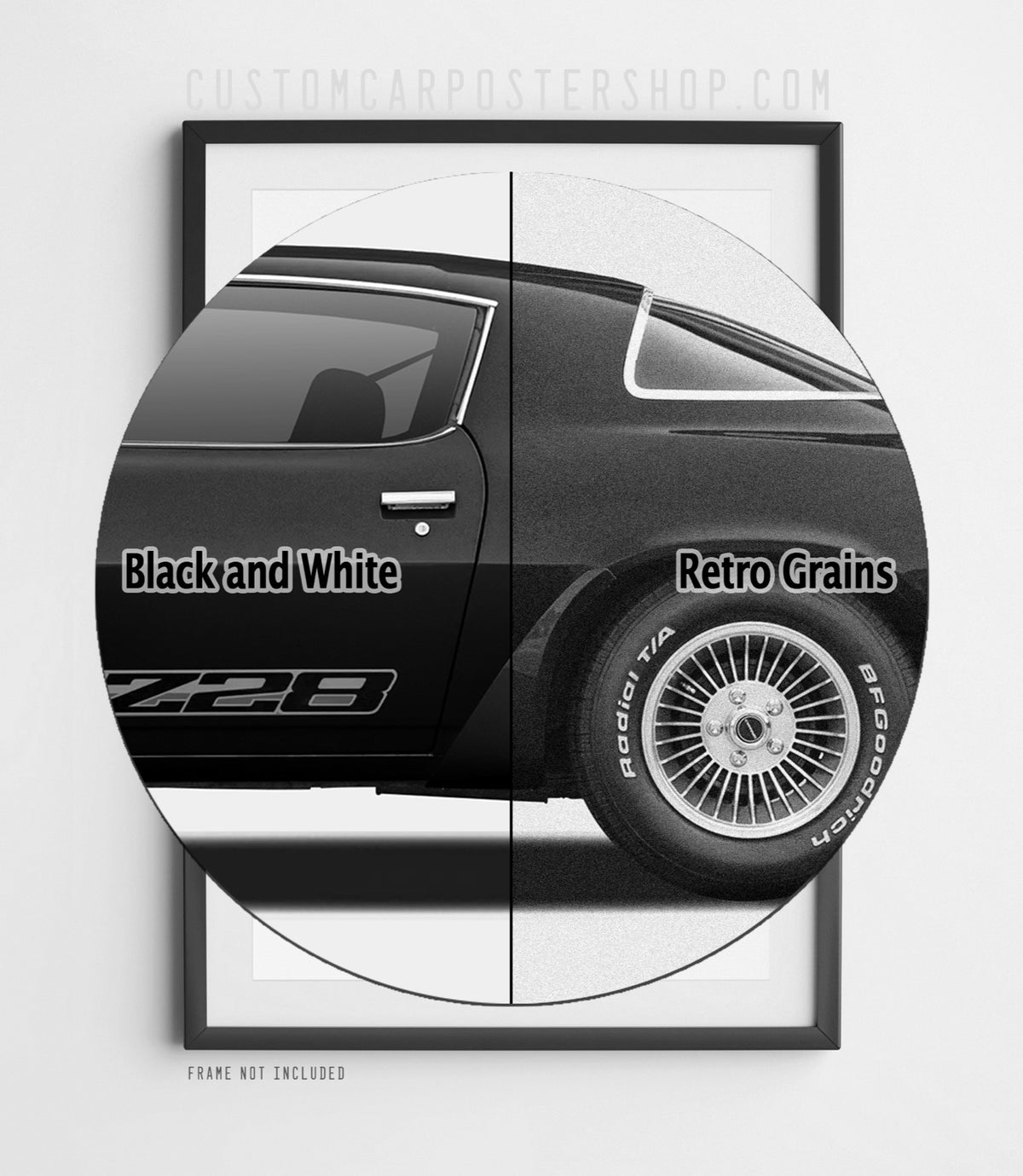 Chevrolet Camaro Z28 (1979) remastered print ad “From People Who Know” in Black and White, side-profile illustration, shown in a black frame mock-up.