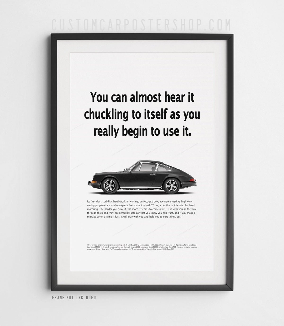 Black Porsche 912 with chrome bumpers in side profile on the ‘Chuckling to Itself’ remastered print ad.
