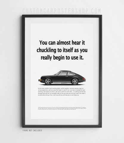 Black Porsche 912 with chrome bumpers in side profile on the ‘Chuckling to Itself’ remastered print ad.