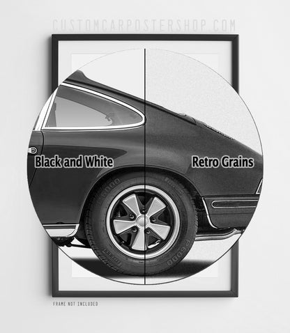 Black and white Porsche 912 coupe in monochrome side profile on the ‘Chuckling to Itself’ retro print ad.