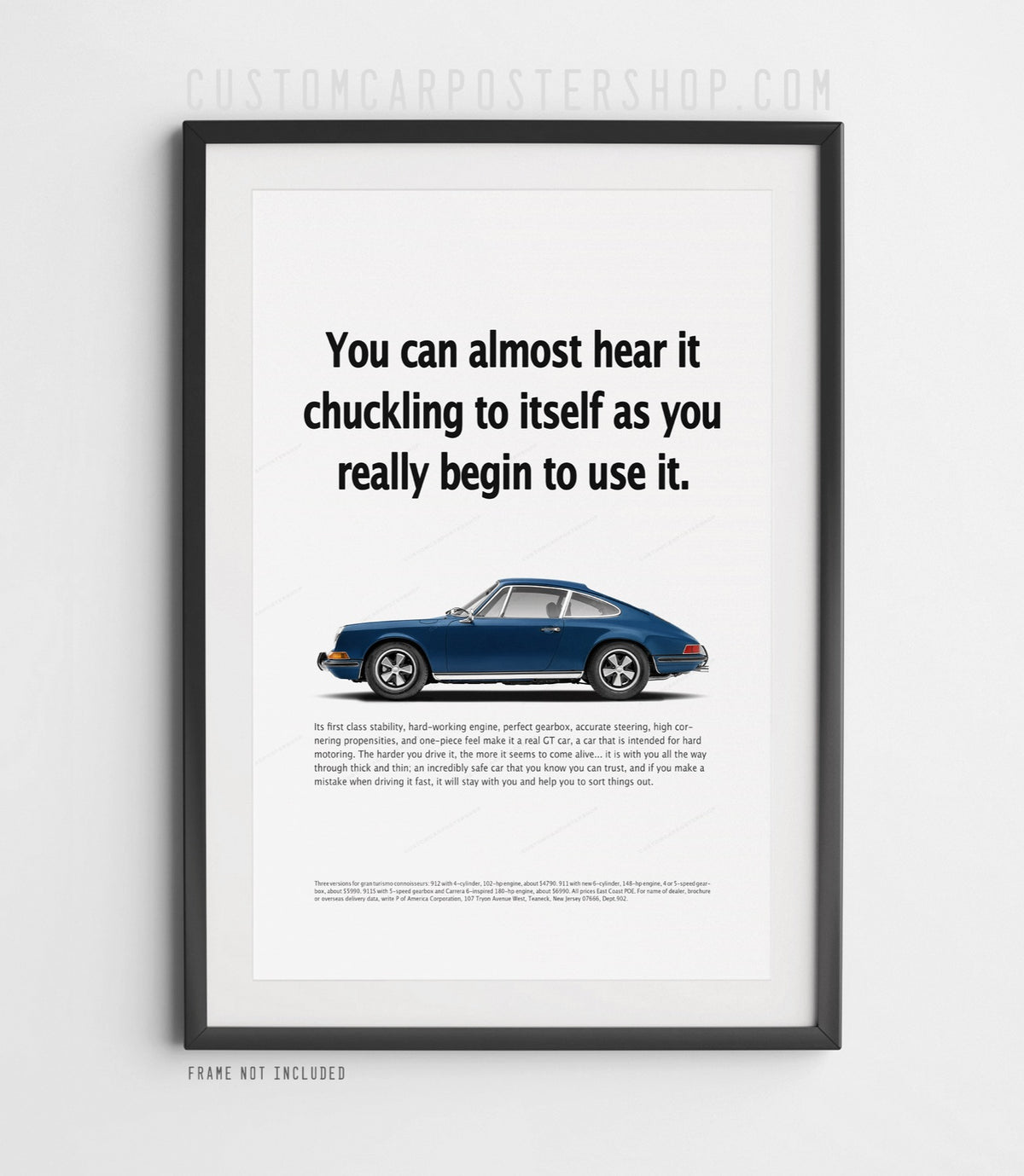 Dark blue Porsche 912 coupe with chrome trim on the ‘Chuckling to Itself’ retro print ad.