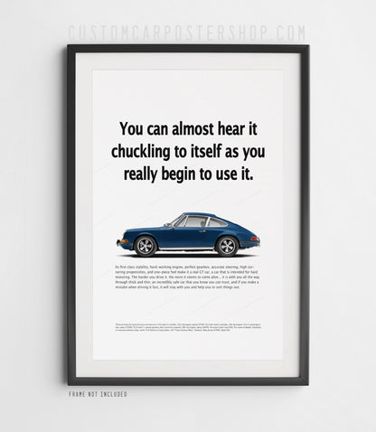 Dark blue Porsche 912 coupe with chrome trim on the ‘Chuckling to Itself’ retro print ad.