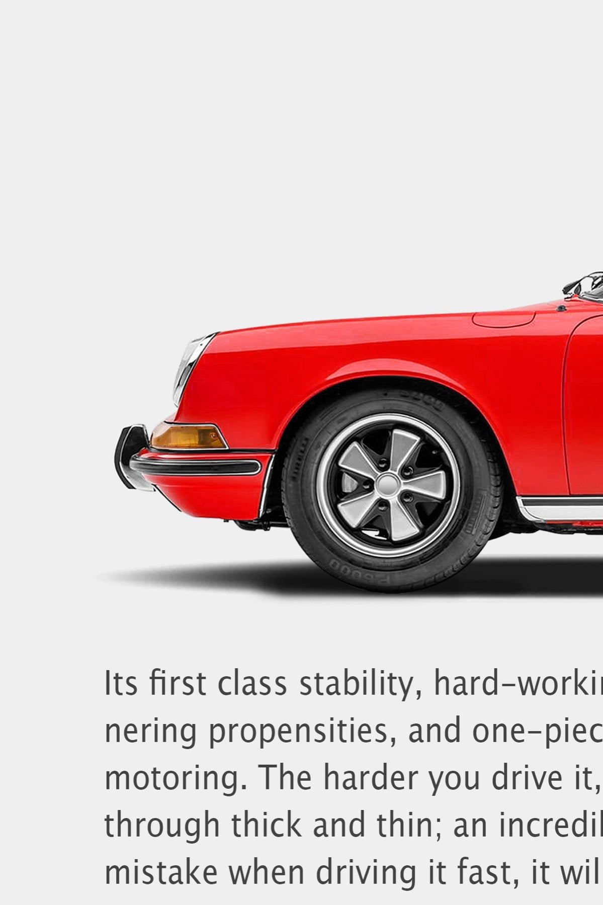 Close-up of the Porsche 912 ‘Chuckling to Itself’ ad: red front wing, amber indicator, chrome bumper with overrider, Fuchs-style wheel and opening body copy.