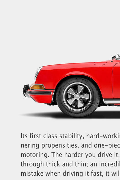 Close-up of the Porsche 912 ‘Chuckling to Itself’ ad: red front wing, amber indicator, chrome bumper with overrider, Fuchs-style wheel and opening body copy.