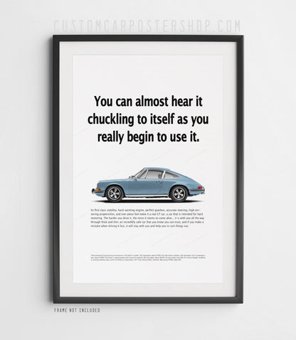 Light blue Porsche 912 in side profile on the ‘Chuckling to Itself’ remastered ad print.