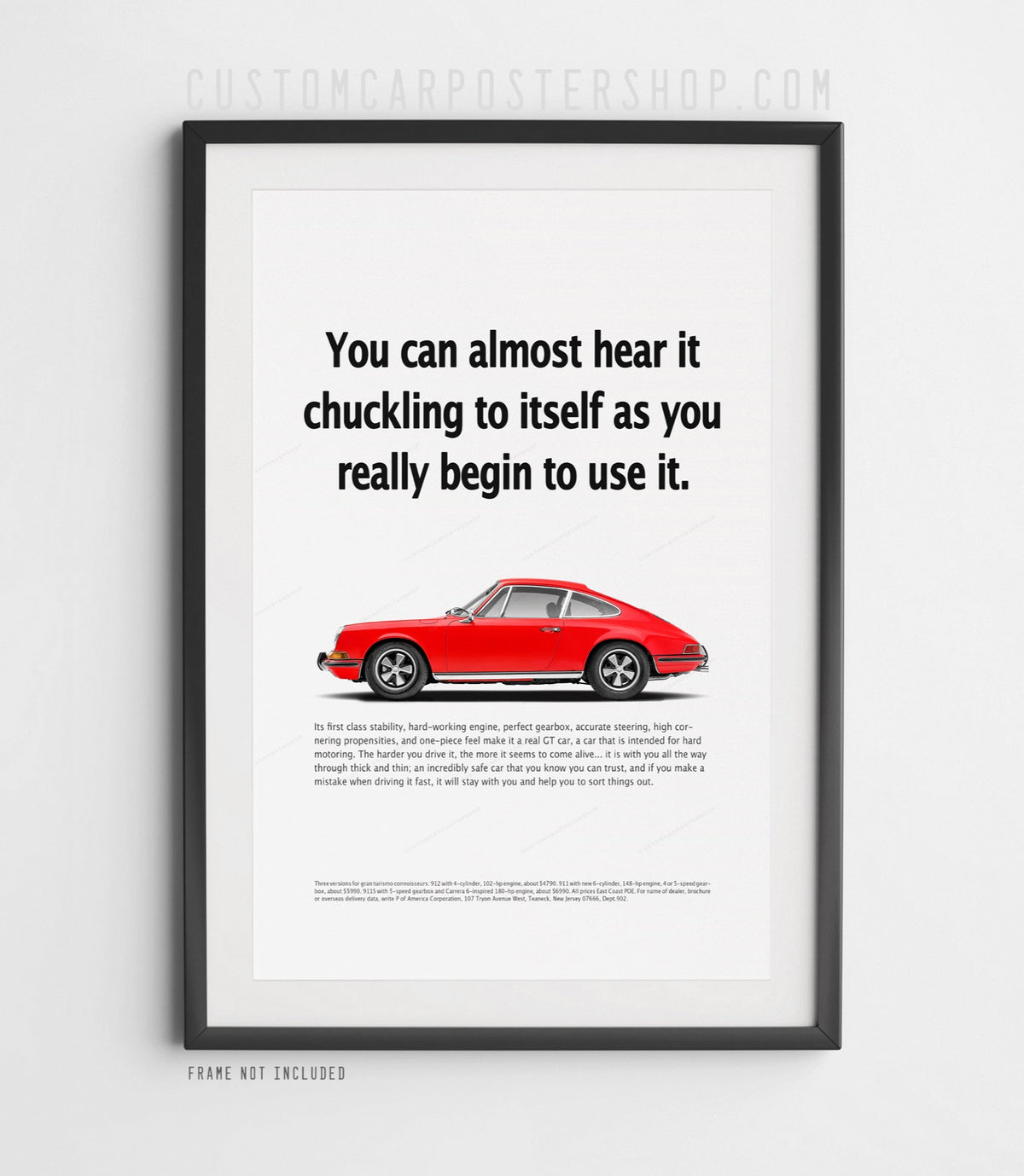 Red Porsche 912 coupe in profile on the ‘Chuckling to Itself’ framed retro print ad.