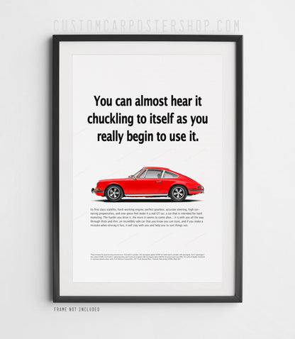 Red Porsche 912 coupe in profile on the ‘Chuckling to Itself’ framed retro print ad.