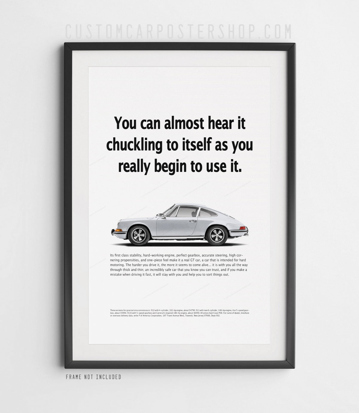 Silver Porsche 912 coupe with Fuchs-style wheels on the ‘Chuckling to Itself’ retro print ad.