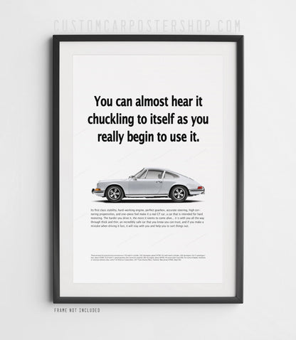 Silver Porsche 912 coupe with Fuchs-style wheels on the ‘Chuckling to Itself’ retro print ad.
