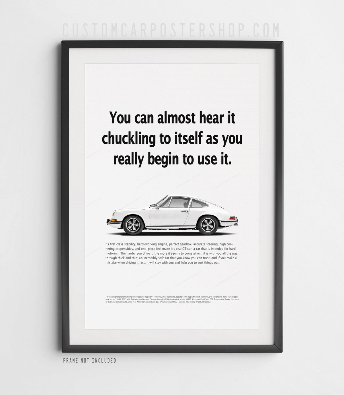 White Porsche 912 in profile on the ‘Chuckling to Itself’ framed retro ad print.