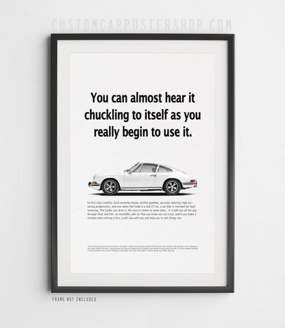 White Porsche 912 in profile on the ‘Chuckling to Itself’ framed retro ad print.