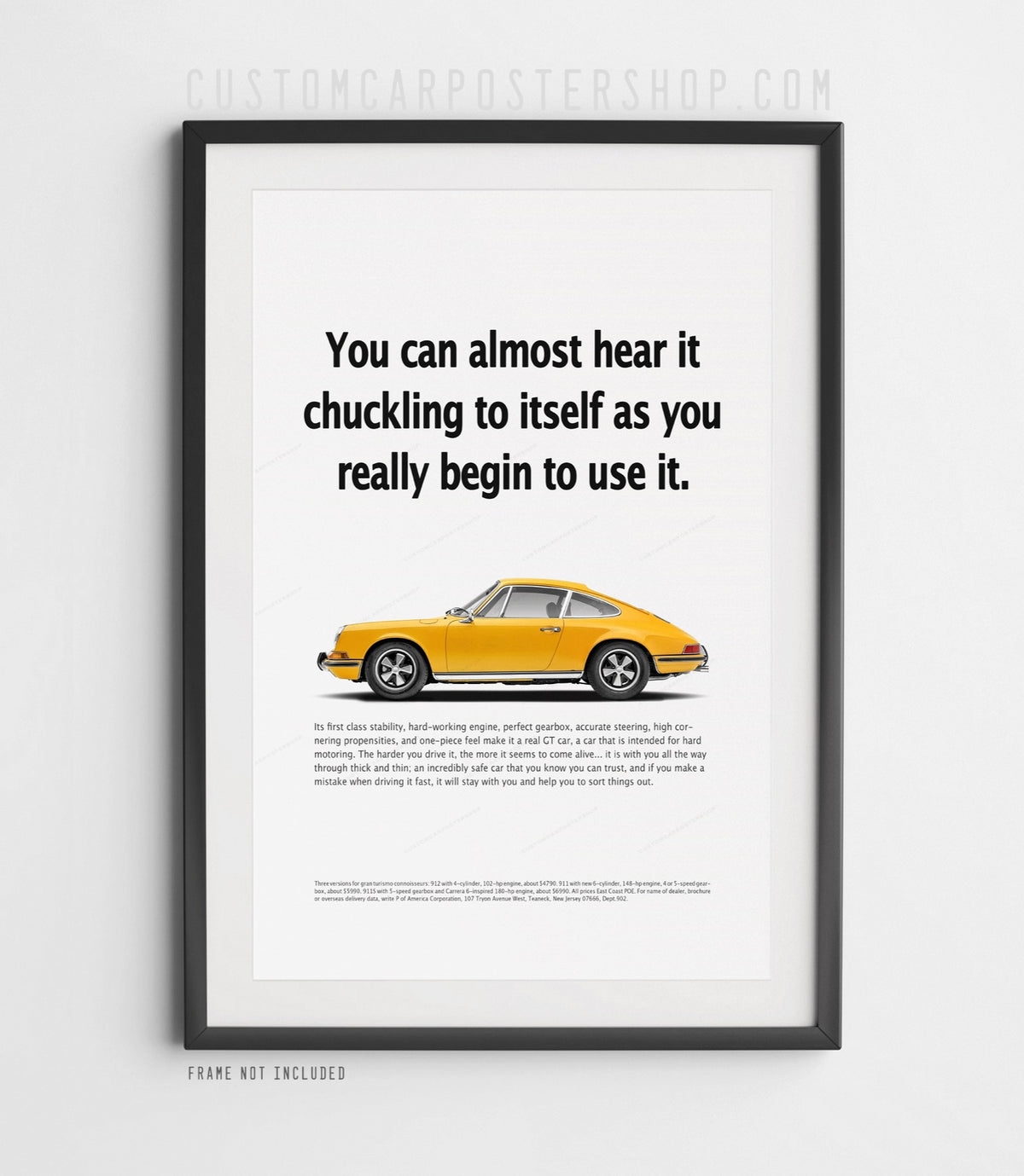 Yellow Porsche 912 coupe with Fuchs-style wheels on the ‘Chuckling to Itself’ retro print ad.