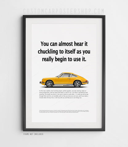 Yellow Porsche 912 coupe with Fuchs-style wheels on the ‘Chuckling to Itself’ retro print ad.
