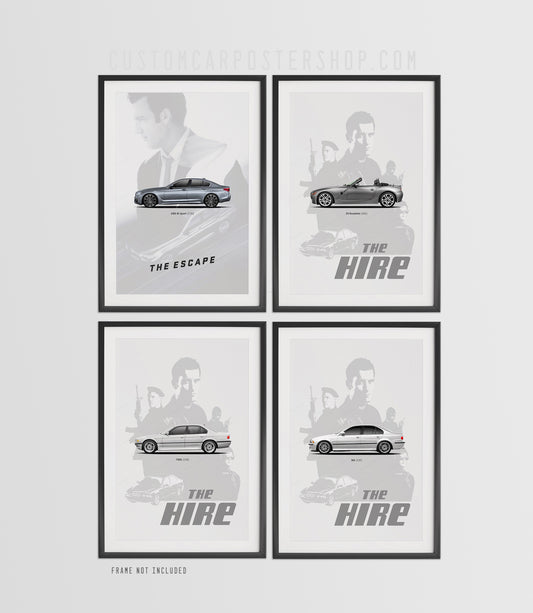 Four framed BMW The Hire tribute prints in a grid: 540i M Sport, Z4 Roadster, 740iL and M5 over Clive Owen silhouettes