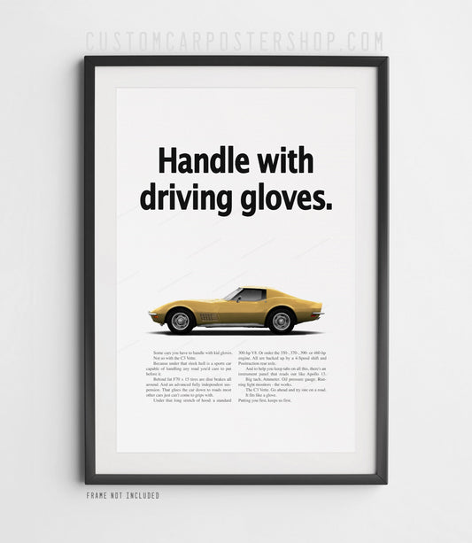 Classic Chevrolet Corvette C3 Print Ad Poster – “Handle with Driving Gloves” Retro Wall Art for Car Collectors and Man Cave Decor