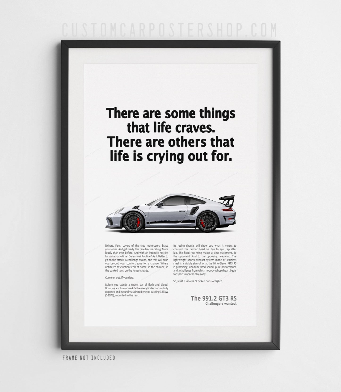 Porsche 911 GT3 RS 991.2 print ad poster featuring silver track-focused sports car with bold headline on minimalist background