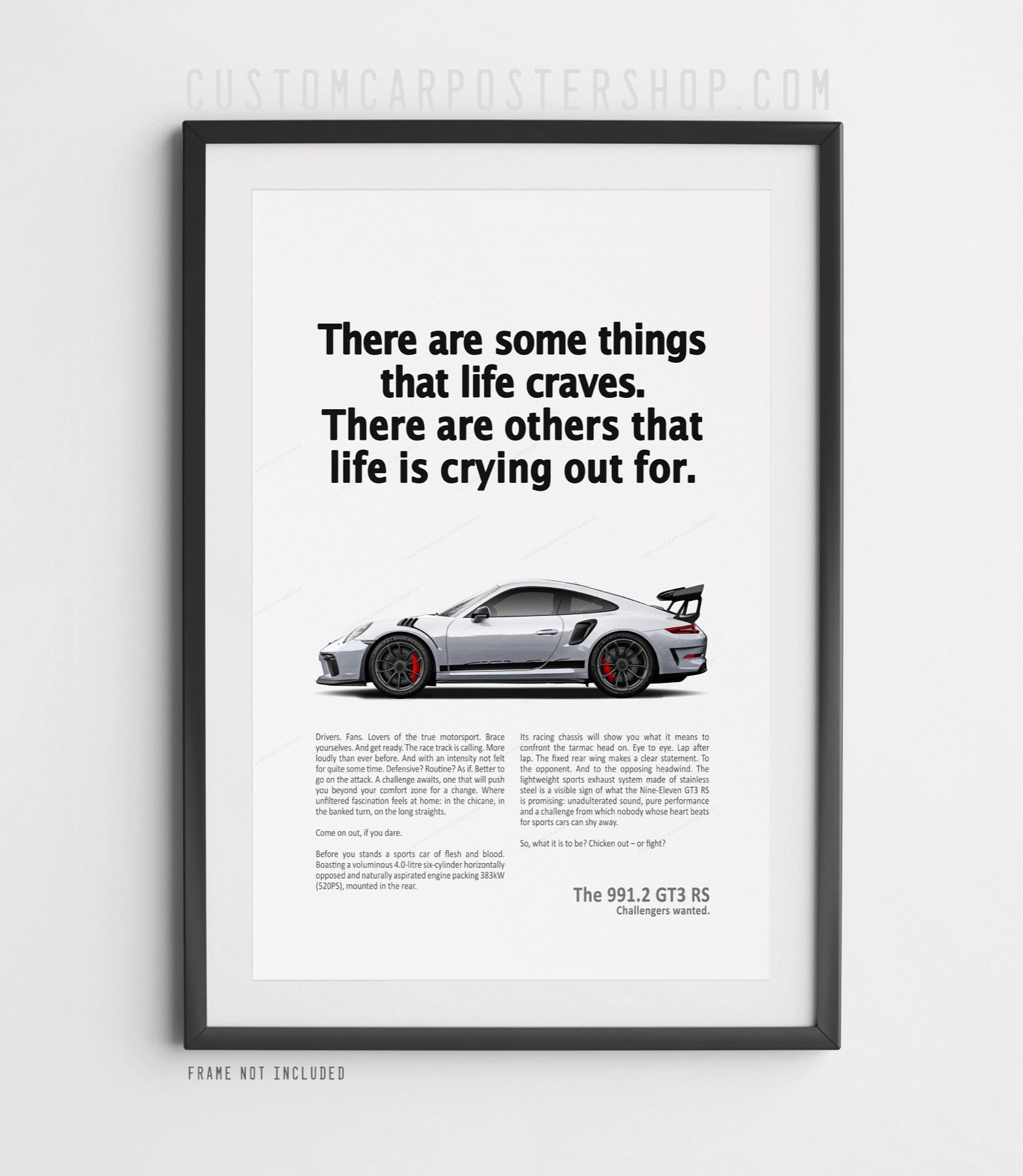 Porsche 911 GT3 RS 991.2 print ad poster featuring silver track-focused sports car with bold headline on minimalist background