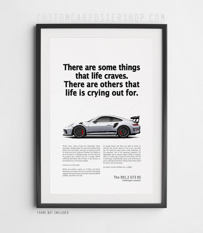 Porsche 911 GT3 RS 991.2 print ad poster featuring silver track-focused sports car with bold headline on minimalist background