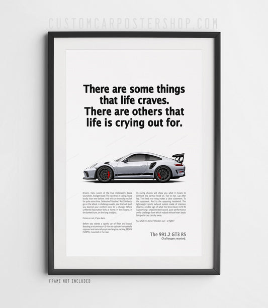 Porsche 911 GT3 RS 991.2 print ad poster featuring silver track-focused sports car with bold headline on minimalist background