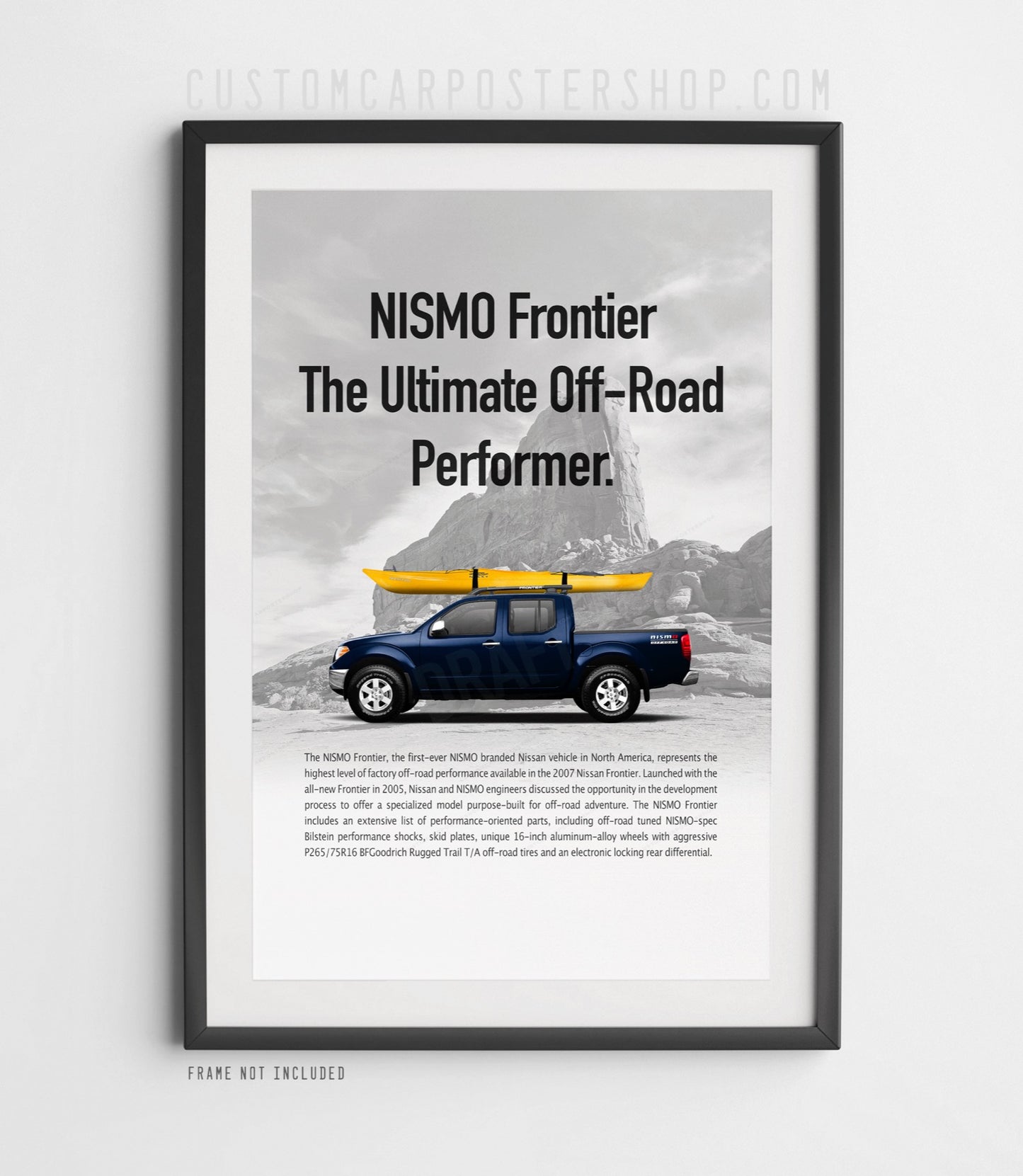 Fully customized Print Ad design art of the 2007 Nissan NISMO Frontier pickup truck with Kayak mounted.