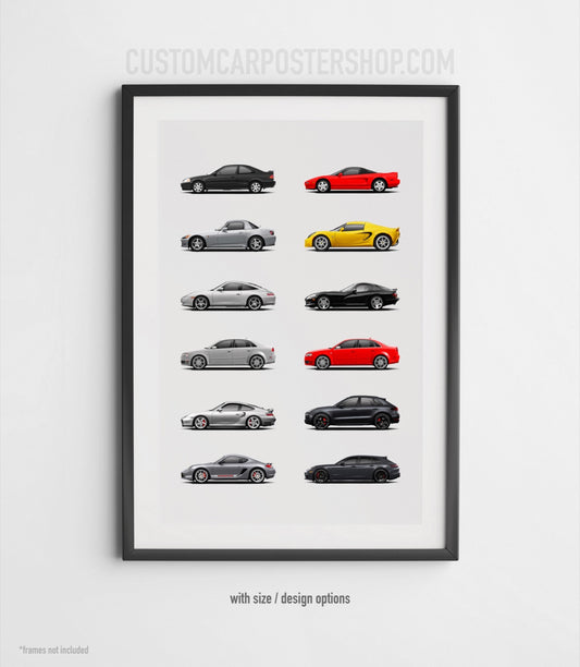 Custom 20x30" Collage Automotive Print featuring Audi RS4, Honda S2K, Acura NSX, Dodge Viper GTS, Porsche 911 Turbo, Porsche Panamera, Macan, and Lotus Elise models. Documenting motoring Journey.