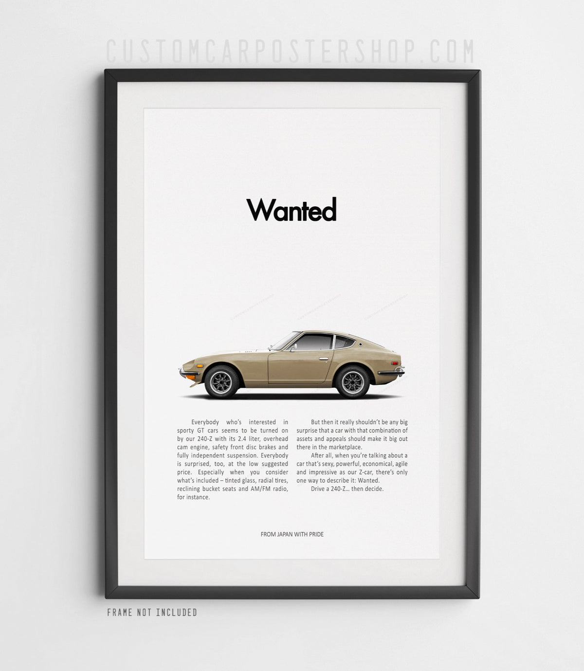 Datsun 240Z Wanted remastered print ad featuring a Gold classic S30 sports car
