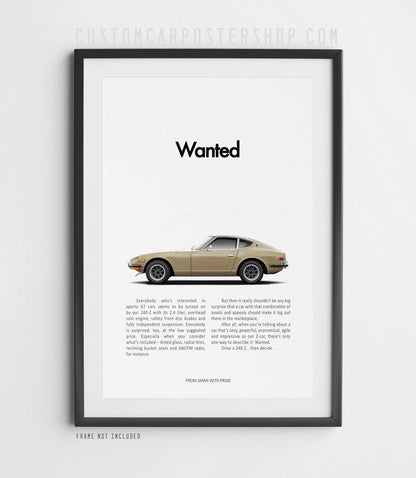 Datsun 240Z Wanted remastered print ad featuring a Gold classic S30 sports car
