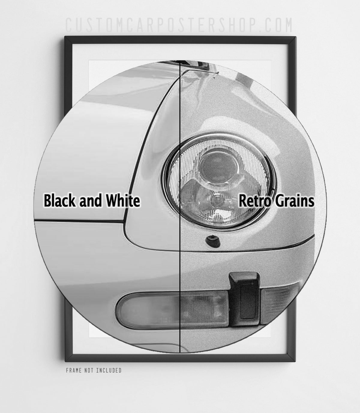Porsche 911 Carrera (993) retro ad poster “Do More Than Just Race” in black and white, rendering the air-cooled 911 head-on in classic monochrome.