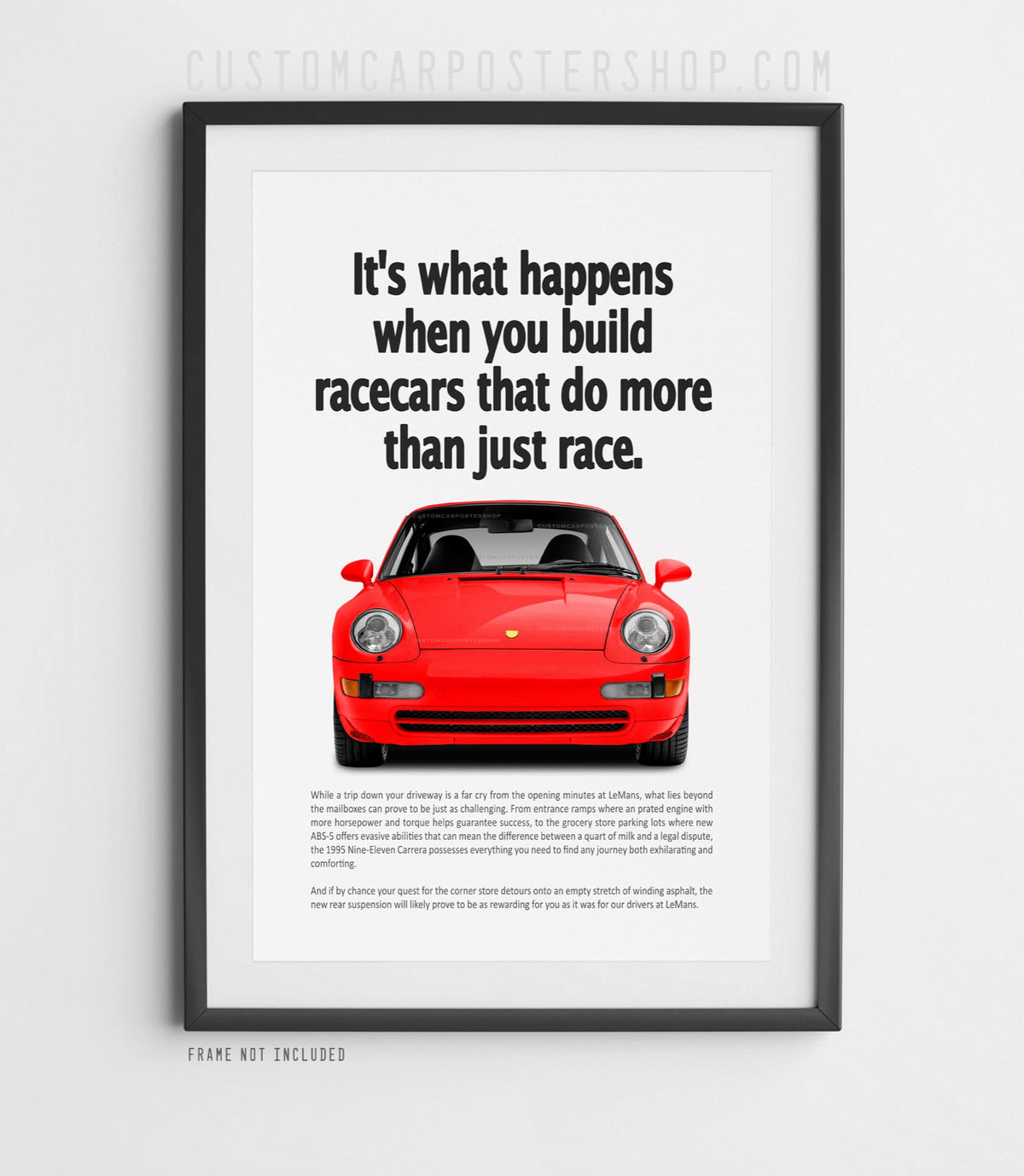 Porsche 911 Carrera (993) retro ad poster “Do More Than Just Race” in Red, presenting the air-cooled 911 in a symmetrical front view.