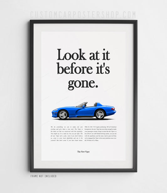 Dodge Viper RT/10 Convertible print ad poster featuring the 1st Gen Viper (SR-I). Look at it before it's gone.