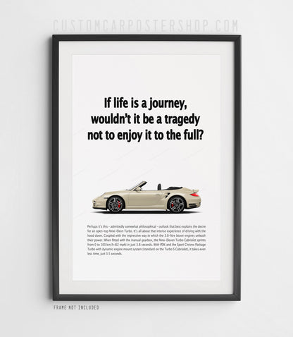 Porsche 911 Turbo Cabriolet 997.2 poster – reimagined “If Life is a Journey” ad, wall art for Porsche enthusiasts, office, garage, and man cave décor.