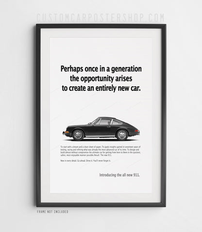 Black early Porsche 911 longhood coupe in side view on the remastered ‘Perhaps once in a generation’ advertisement poster.