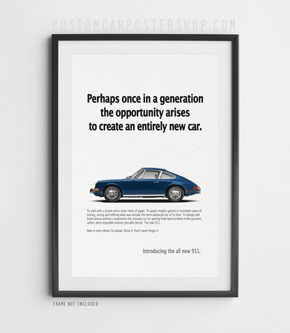 Blue early Porsche 911 longhood in profile under the ‘Perhaps once in a generation’ headline on a retro ad-style print.