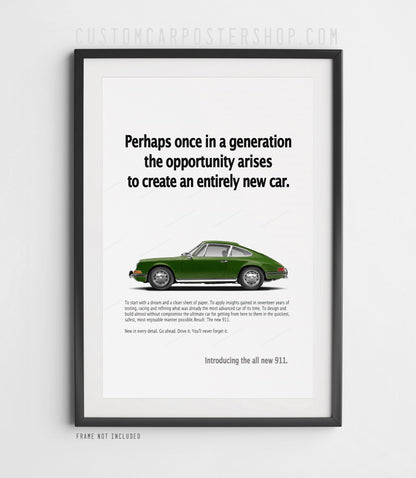 Dark green early Porsche 911 longhood coupe in side profile on the ‘Perhaps once in a generation’ retro print ad, shown in a black frame mock-up.