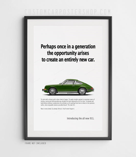 Dark green early Porsche 911 longhood coupe in side profile on the ‘Perhaps once in a generation’ retro print ad, shown in a black frame mock-up.